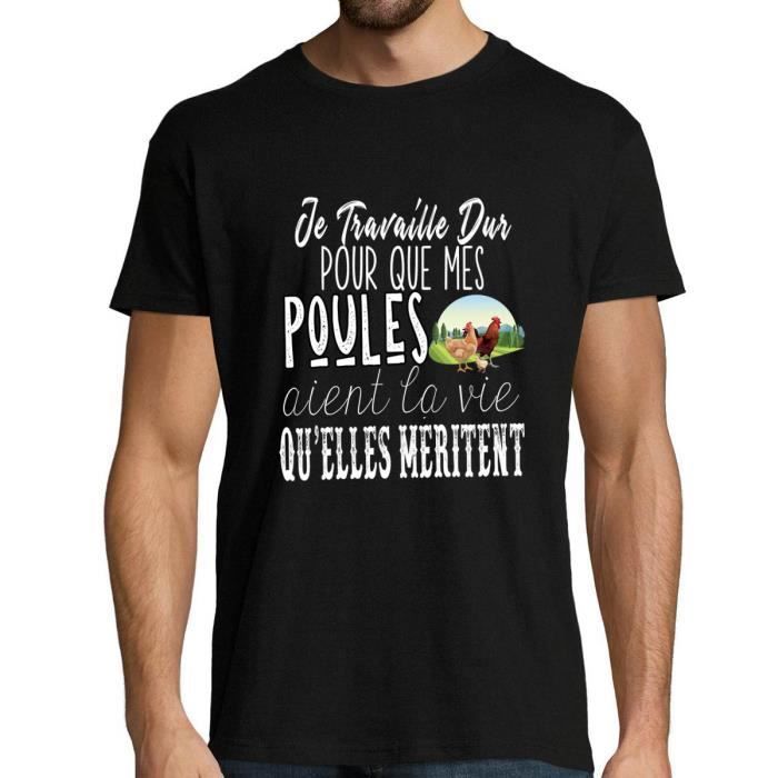T-Shirt Homme - Poules - Je Travaille Dur - Noir - Manches Courtes - Col Arrondi