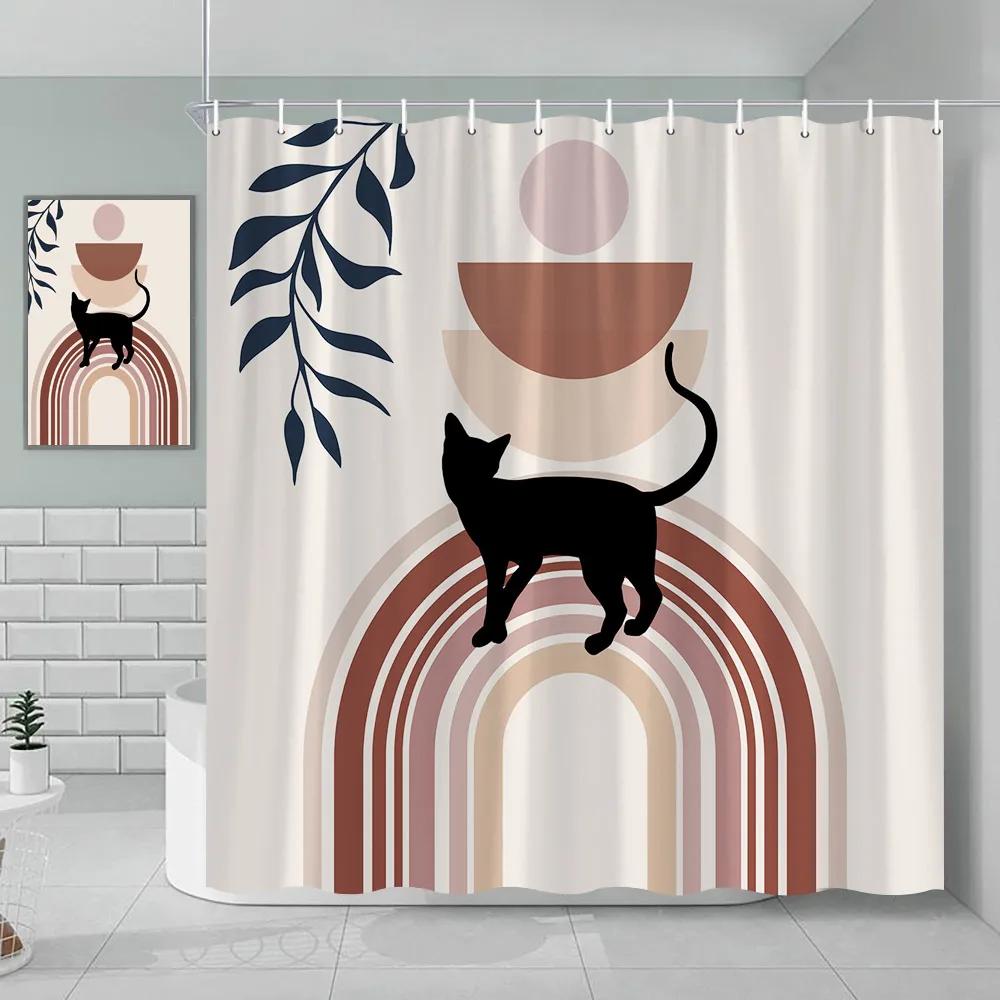 Bohemian Shower Curtain Cat Romantic Mid Century Modern Minimalist Abstract Lines Geometric Tropical Plants Bathroom Decoration