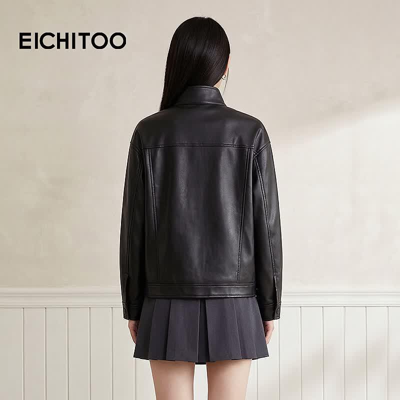 EICHITOO Women's PU Leather Moto Jacket