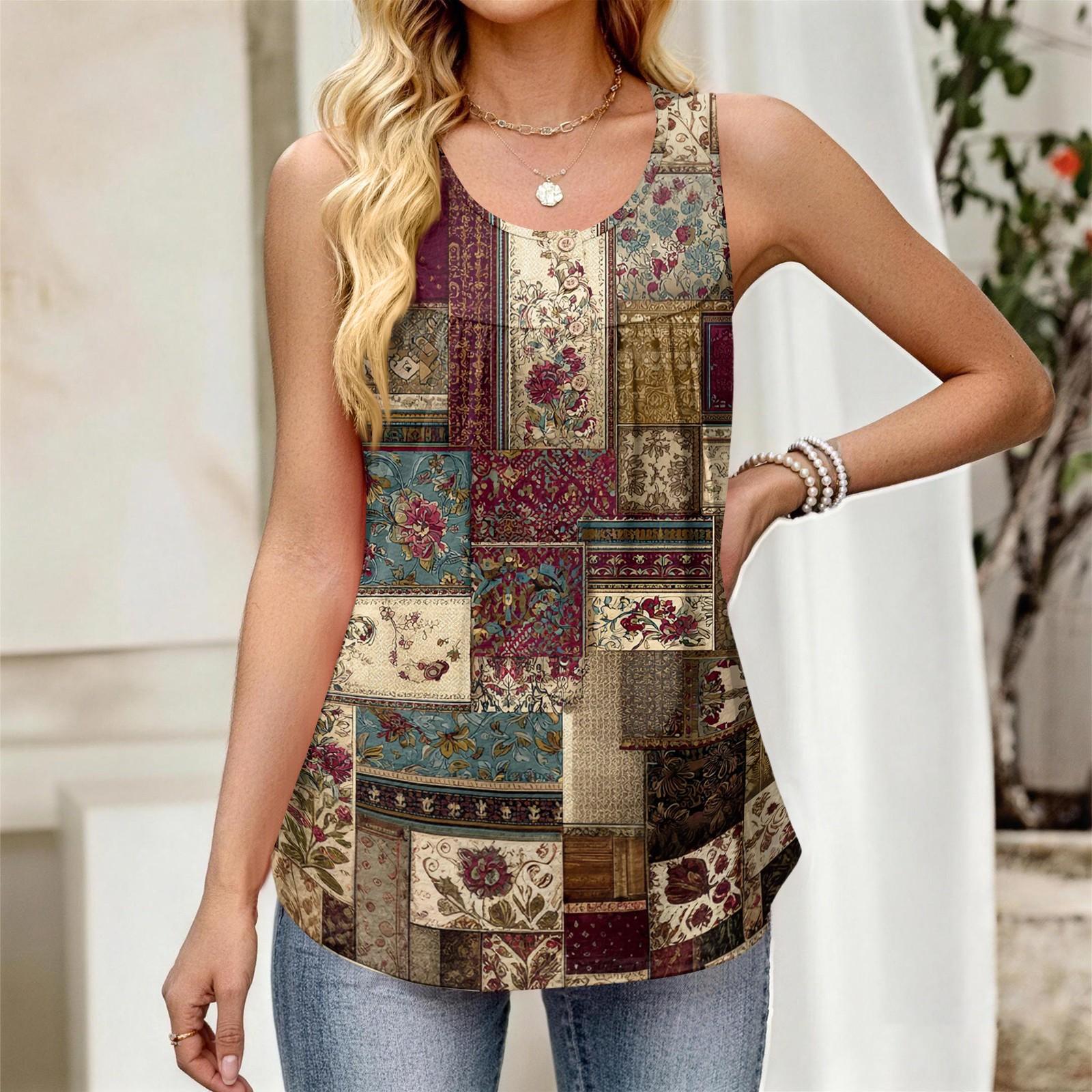 

Женский новый модный ретро цветочный полосатый текстурированный принт круглый вырез свободный повседневный жилет-топ без рукавов на пуговицах S коричневый