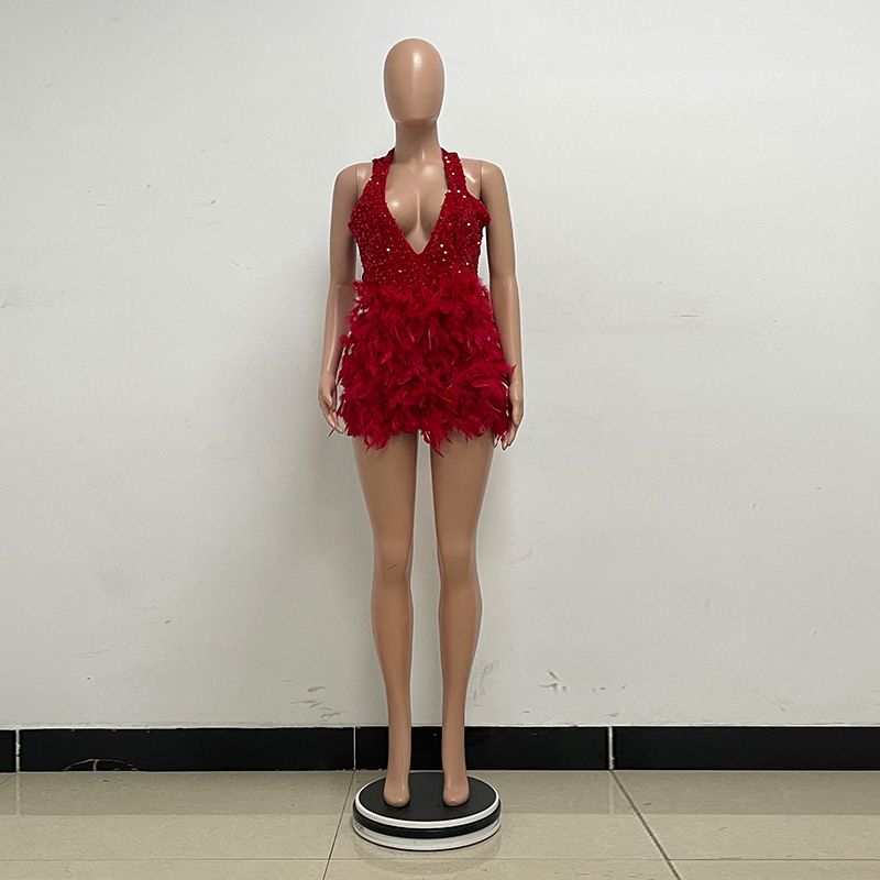 

Sexy Deep V Sequined High Waist Backless Pleated Sheath Puffy Feather Ultra Short Vest Formal Dress Dress Dress Red XL