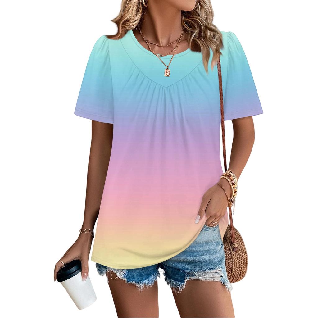 Lässiges Damen-T-Shirt mit Rundhalsausschnitt, Farbverlauf-Print, Falten und kurzen Ärmeln