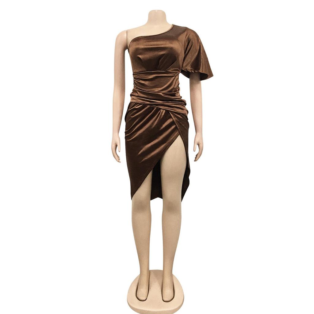 One-Shoulder Slit Midi Dress - Women's Fashion Solid Color, Europe & America Style