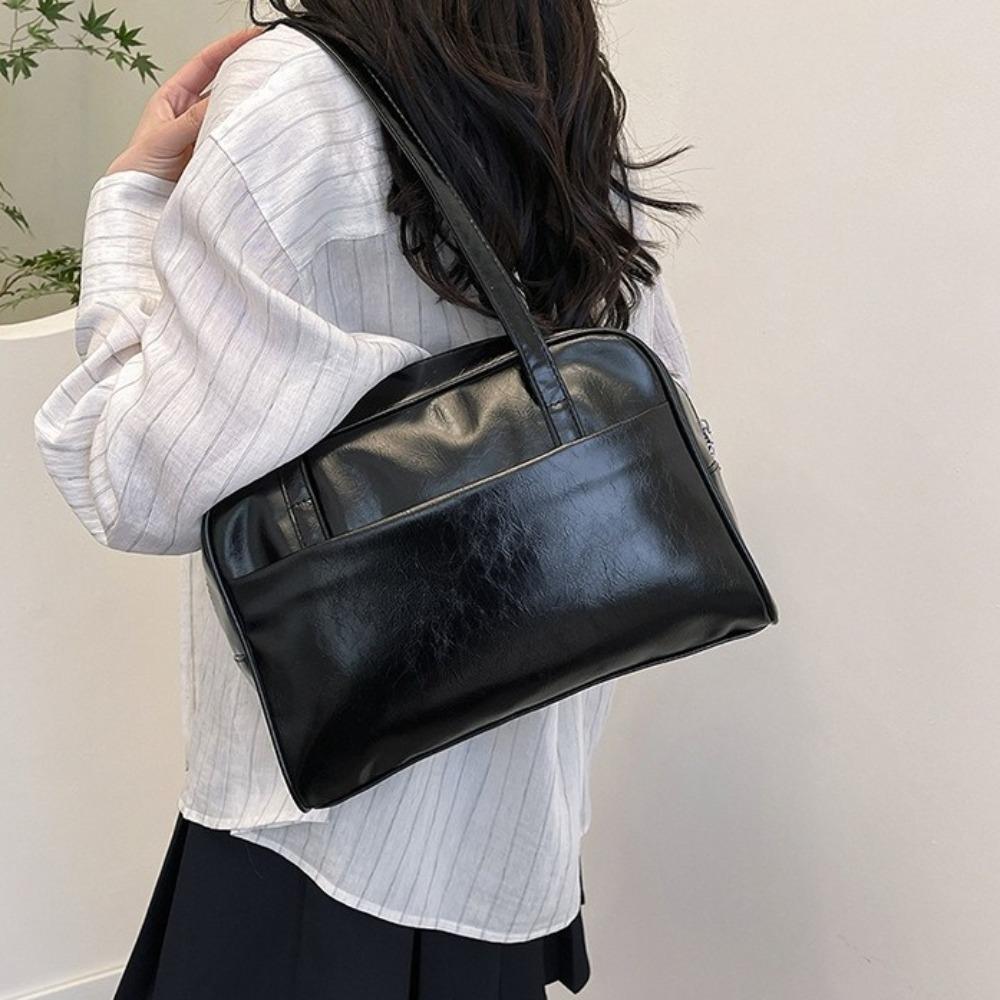 Solid Color Pu Leather Tote Bag Large Capacity Women's Handbag Fashion Boston Shoulder Bag Girls