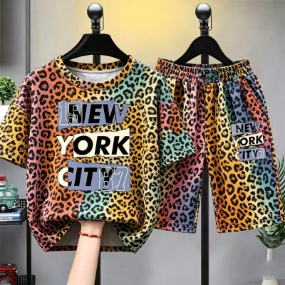 Personalized Colorful Stripes Letter Printed Kids T-shirt and Shorts 2 Piece Set Summer Casual Outfit for Boys and Girls Kids T-shirt Set