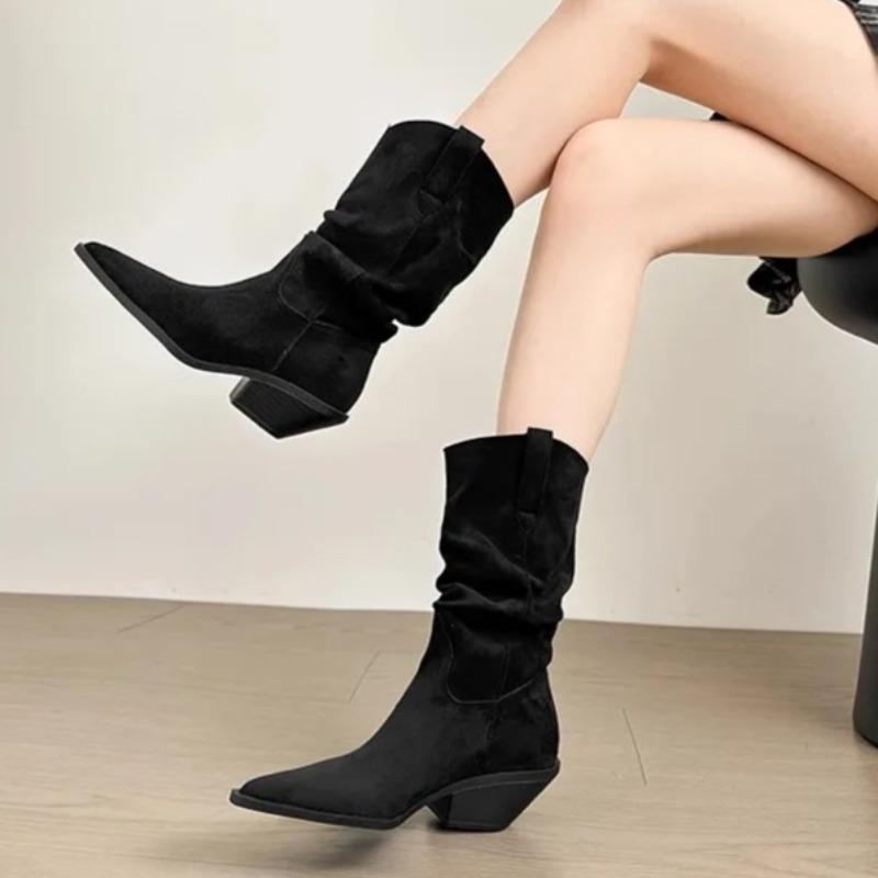Women's Boots Luxury Suede Leather Casual Boots Fashion Pointed Toe Mid-calf Boots Thick Heeled Western Cowboy Boot Botas Mujer