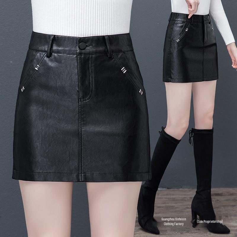Plus Size Women's High-Waist Sheepskin Leather Shorts - Wide Leg Slimming Casual Hot Pants for Autumn/Winter 2025.