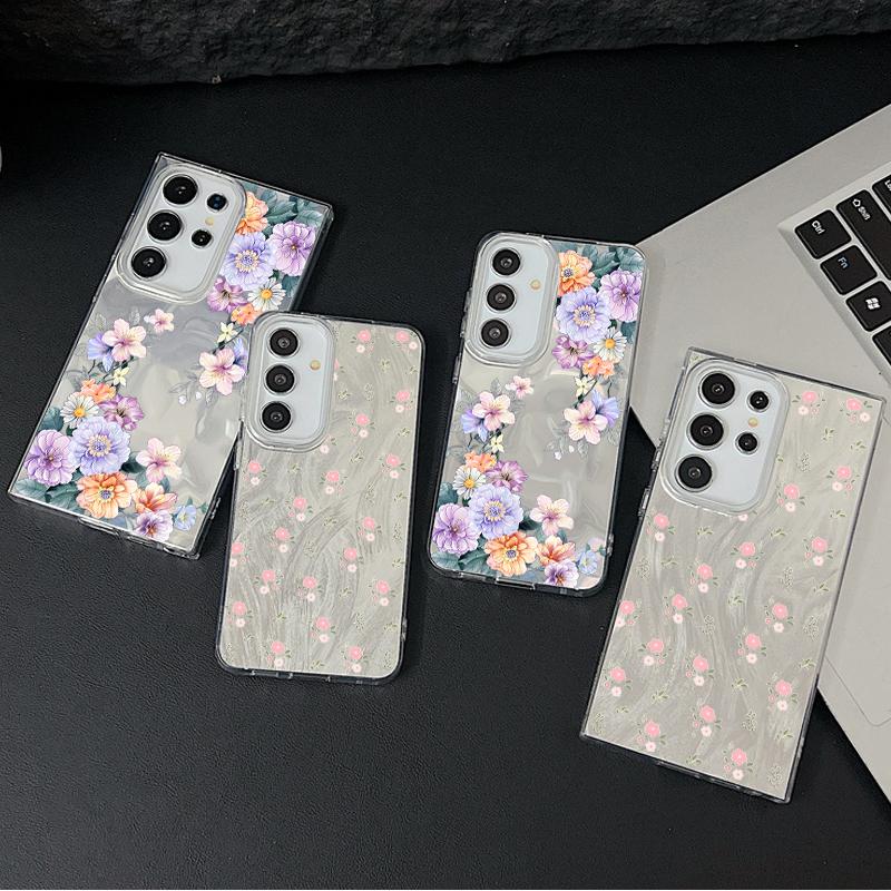 Motif Floral Pailleté Étui Arrière Slim Rigide en PC Pour Samsung S25 Ultra S24 FE S23 A36 A56 A16 A55 Plume Étincelant Antichoc Bord Souple TPU Coque de Téléphone
