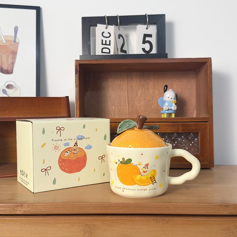 Cute Orange Cat Mug with Lid Creative Good Luck Cup Girls Home Coffee Cup Chinese New Year Gift