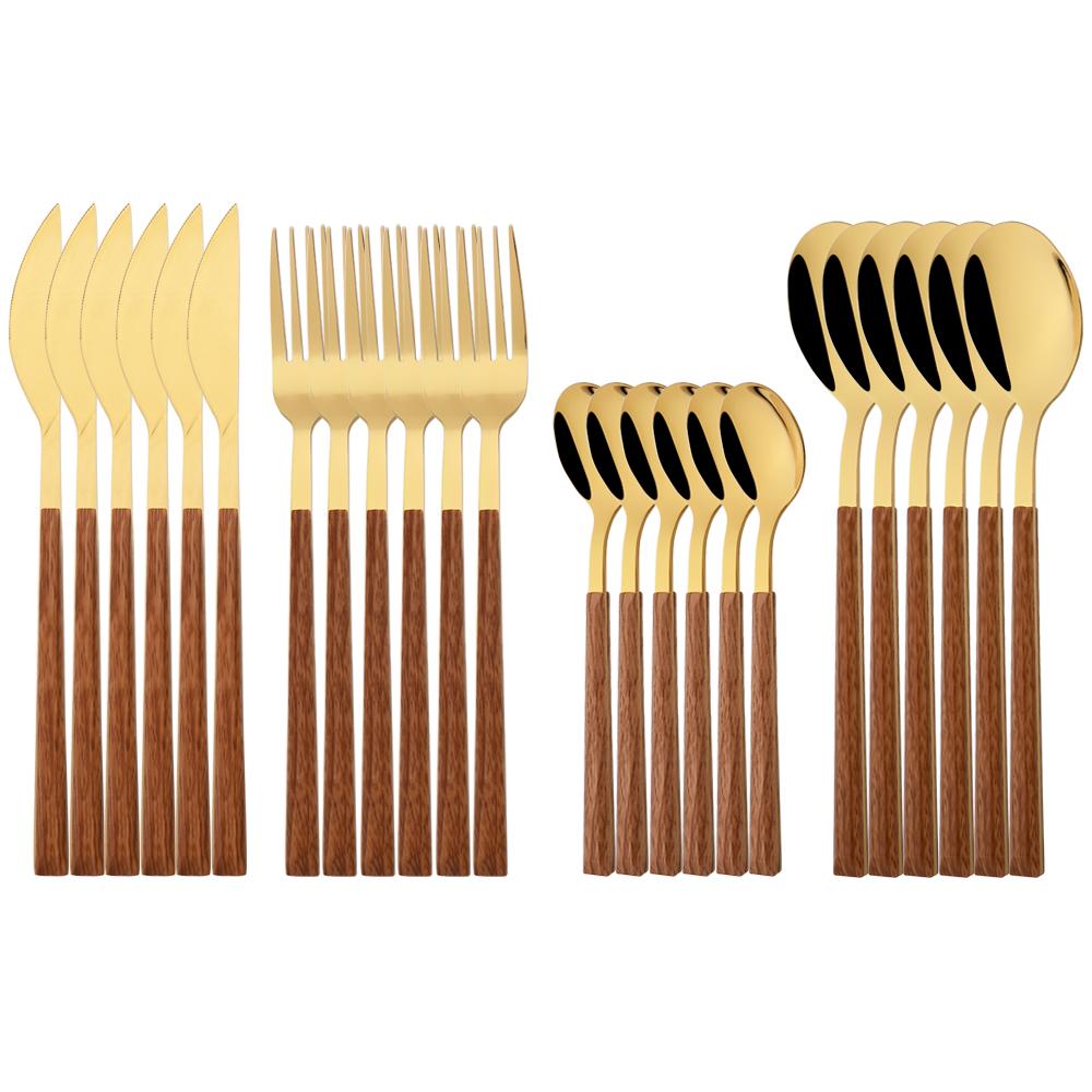 24/30Pcs Knife Dessert Fork Coffee Spoon Tableware Dinnerware Set Imitation Wooden Handle Cutlery Set Stainless Steel Flatware