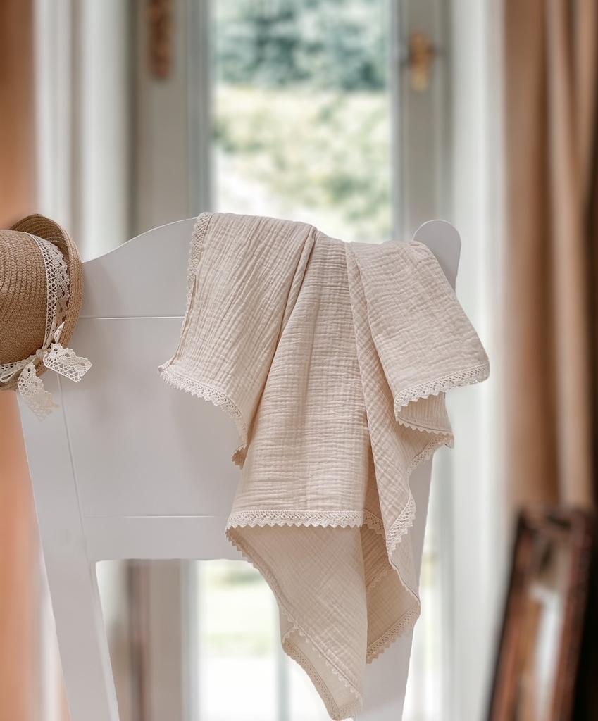 Muslin Blanket 100x75 with Lace, Vanilla Beige