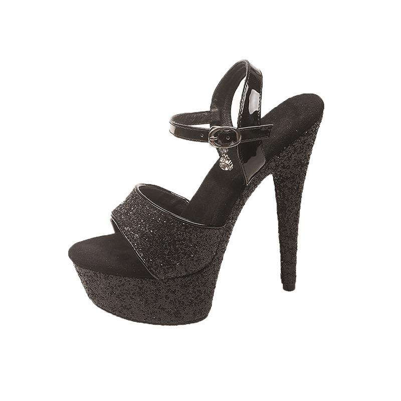 

Сексуальные летние новые сандалии женские на супервысоком тонком каблуке с пайетками и водонепроницаемые 34 чёрный