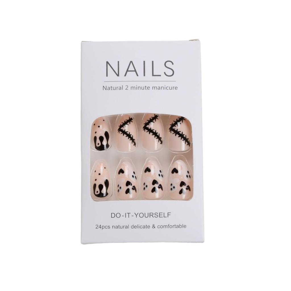 Halloween Short Press on Nails Almond Fake Nails with Ghost Starburst Blood Design Glue on Nails Glossy Acrylic Artificial Nails Full Cover Stick on