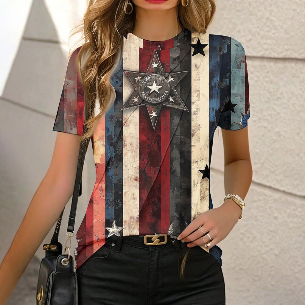 Haut d'été à manches courtes avec imprimé Jour de l'Indépendance pour femme