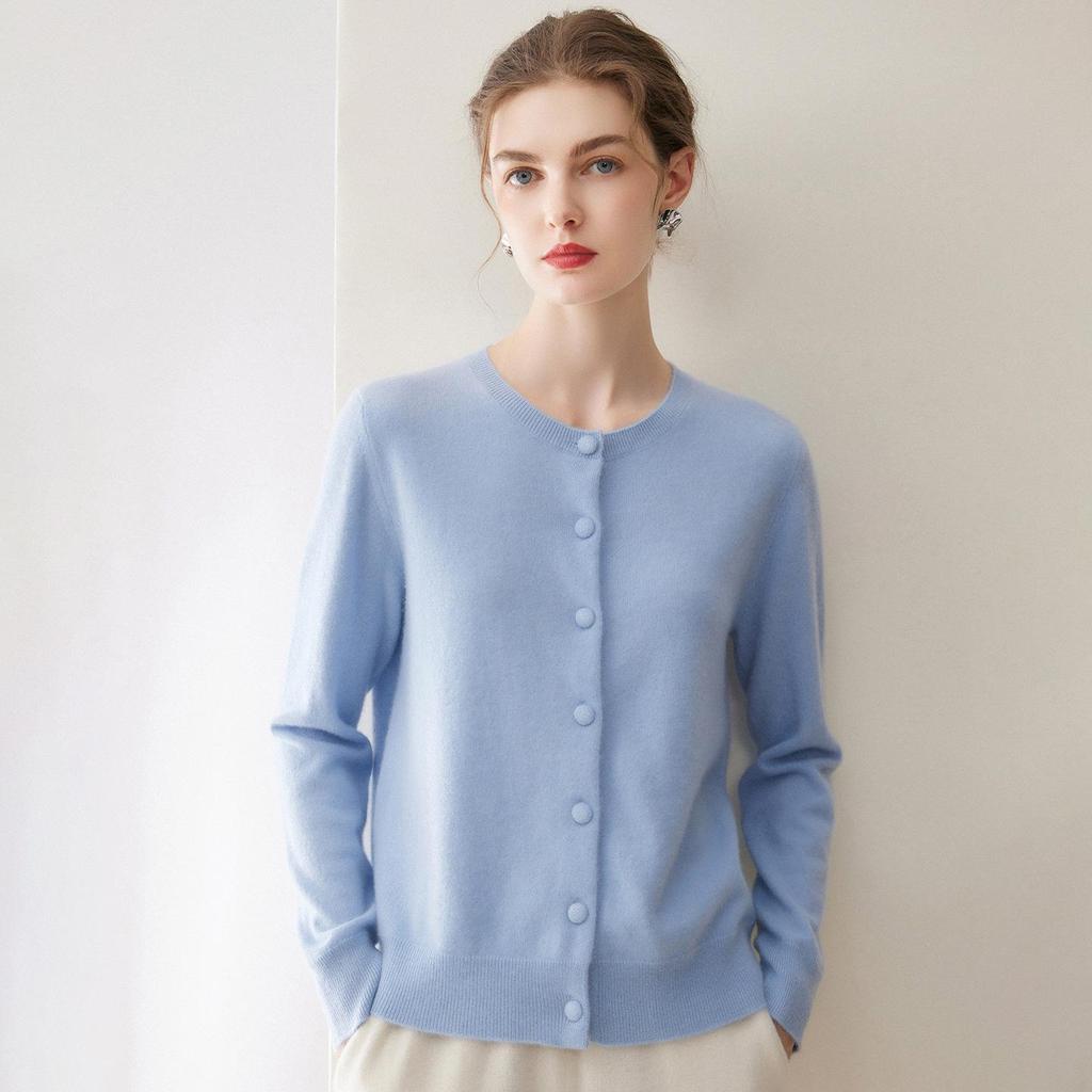 Women's Pure Cashmere Button-Up Round Neck Cardigan Sweater - Autumn/Winter Collection