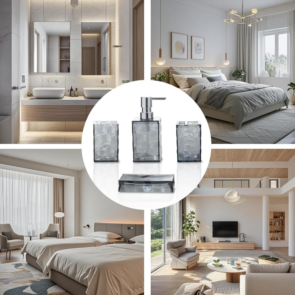 Bathroom Accessories Set 4-Piece Plastic Gift Set with Toothbrush Holder, Toothbrush Cup, Soap Dispenser, Soap Dish(Gray)