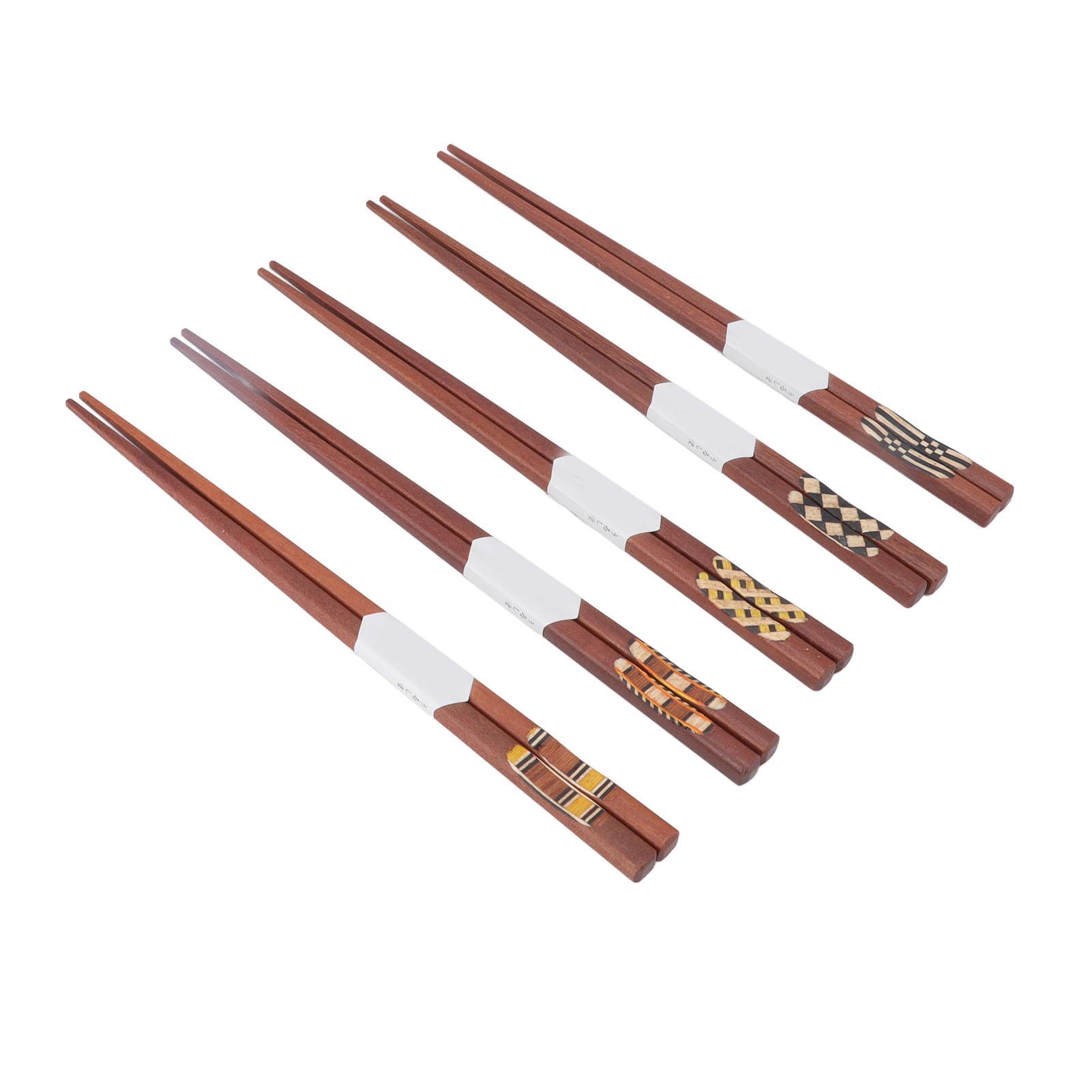 

5 Pair Wooden Chopsticks Red Sandalwood Grooved Pattern Natural Reusable Chop Sticks