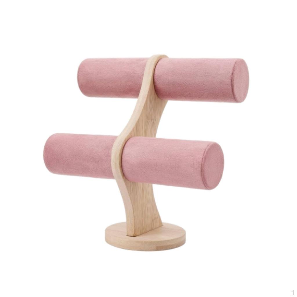 T Stand Display with Wooden Base Double Layer Jewelry Accessory Holder Velvet Covered