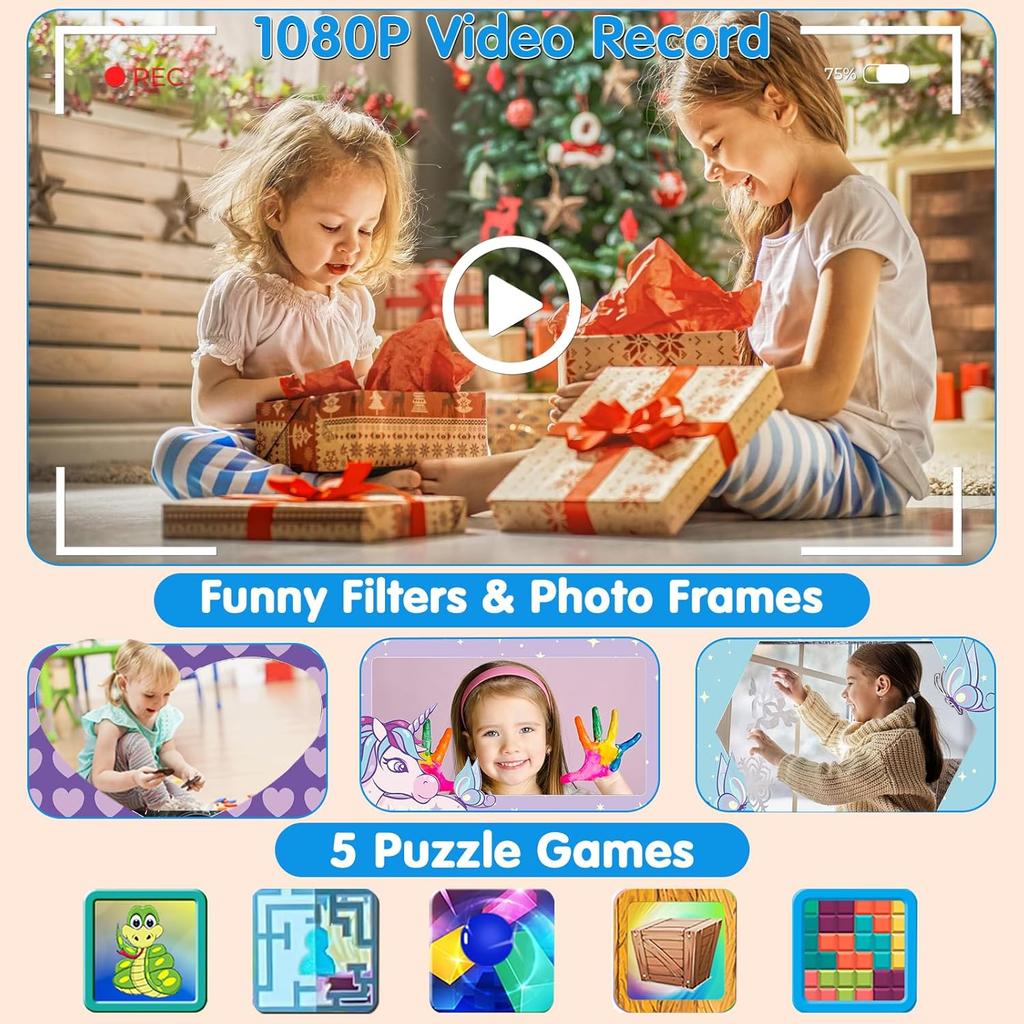 PROGRACE Kids Instant Print Camera - 1080P HD Photos & Videos - Perfect Birthday for Boys & Girls Age 3-12 with 32GB Card