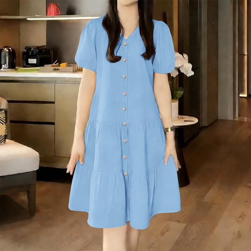 ZANZEA Women Casual V-Neck Solid Color Summer Short Sleeve Dress