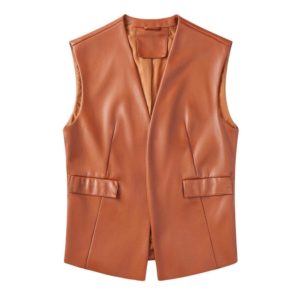 Cardigan-Weste für Damen, ärmellose kurze Jacke aus Kunstleder mit Taschen, Übergröße, lockerer Taillenmantel in Schwarz, Kamelbeige