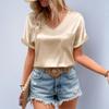 Women's Sading V-Neck Pocket Roll-up Short Sleeve Loose Top