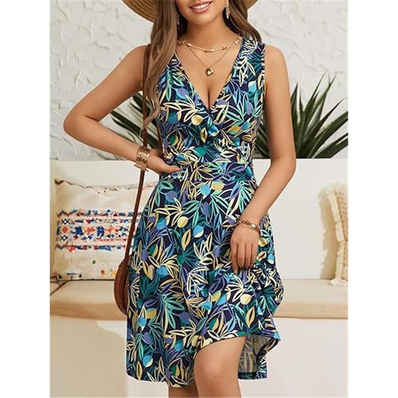 

Летнее новое элегантное платье с V-образным вырезом, модным принтом и карманом, без рукавов, свободное в талии, женская длинная юбка XXL королевский синий