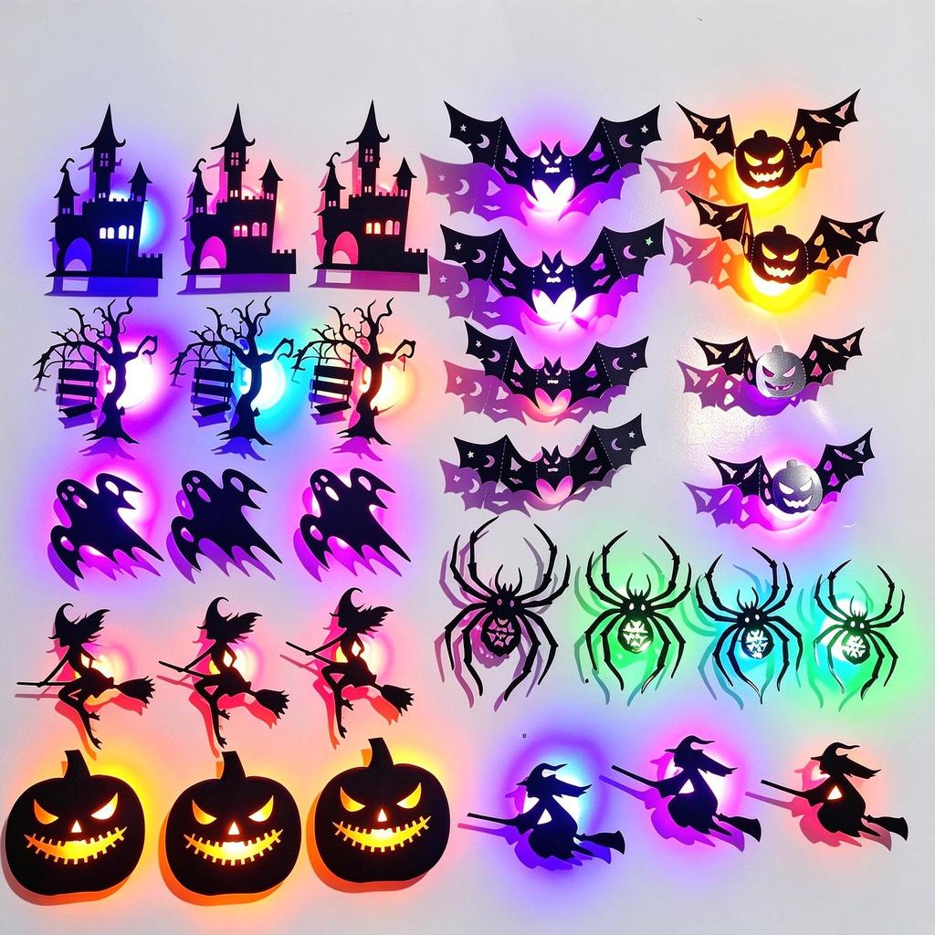 Halloween LED 3D Wall Stickers, PET Luminous Bat Pumpkin Spider Witch Castle Tree Night Light, Glowing Wall Decals for Room Window Garage Party