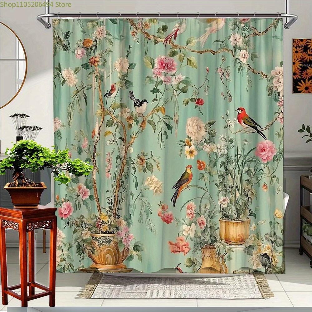 1pc Vintage Floral and Bird Shower Curtain Bathroom Decor Polyester Fabric with 12 Hooks 70.8x70.8 Inches