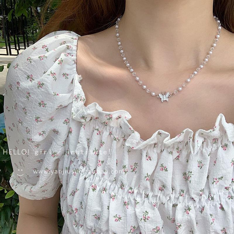 New Crystal Pearl Butterfly Necklace Female Summer Niche Design Sense Simple Temperament Choker Collarbone Chain