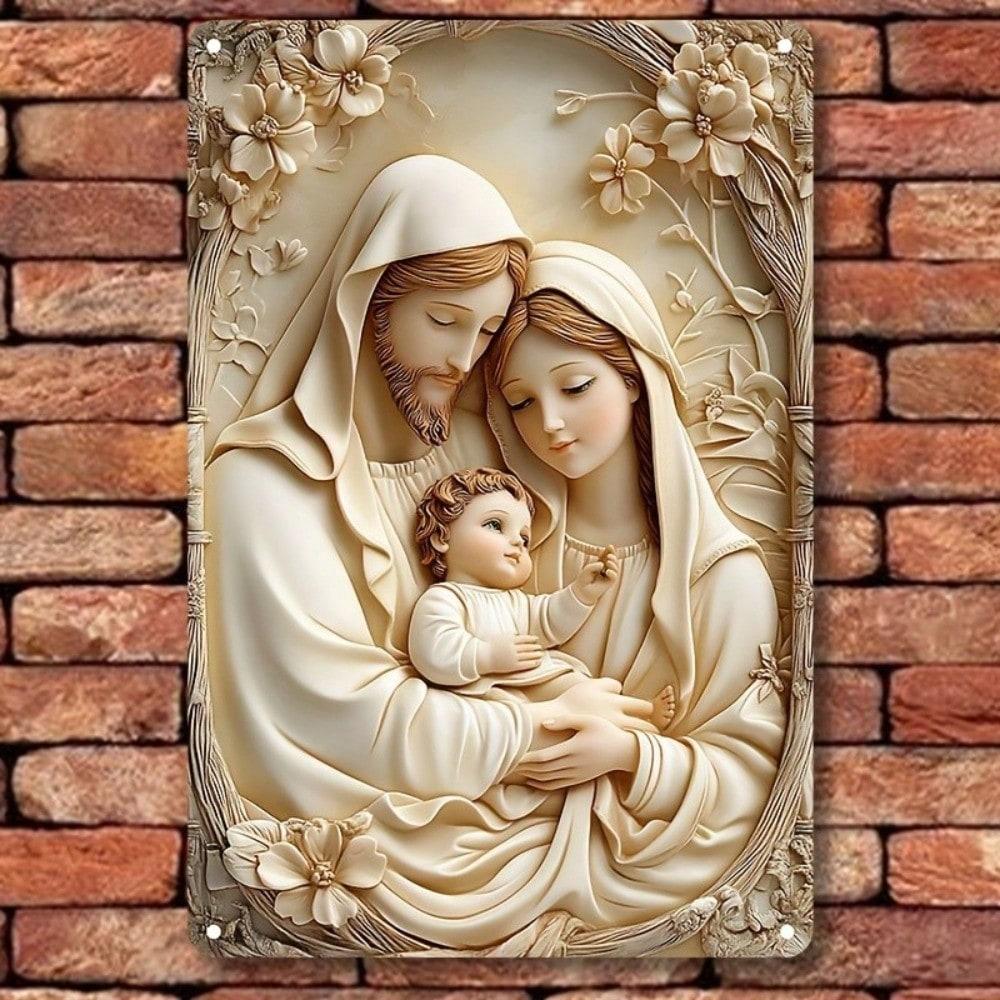 Винтажное оловянное металлическое настенное панно «Святое Семейство» 8x12 дюймов Ретро Религиозный Декор Рустик Кухня Кафе Вывеска разноцветный