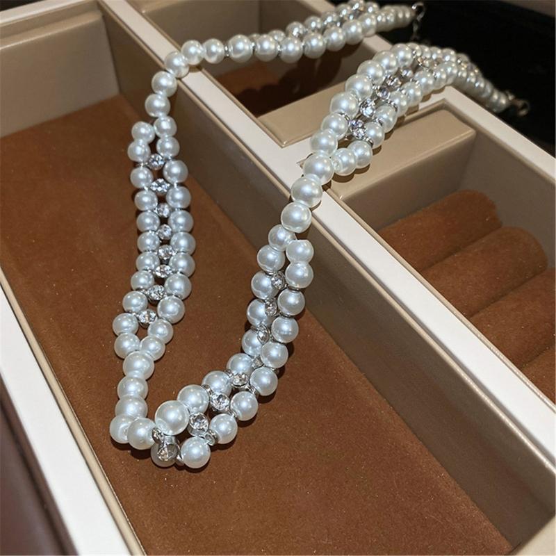 Imitation Pearls Beaded Necklace with Zircon Multi-layered Clavicle Chain Fashionable Jewelry for Everyday Outfits