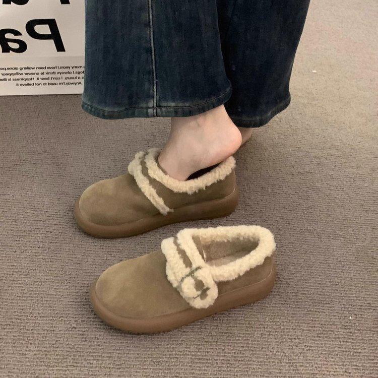 

thick-soled Boken shoes women s velvet foreign style casual retro one-pedal cotton shoes fluffy shoes women wear loafers in winter 35
