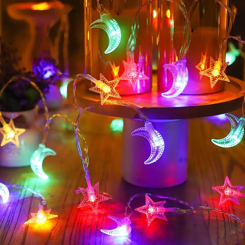 1pc 10/20/40 LED Star and Crescent String Lights Battery Powered Ideal For Ramadan Mubarak Celebrations and Wedding Party Decor