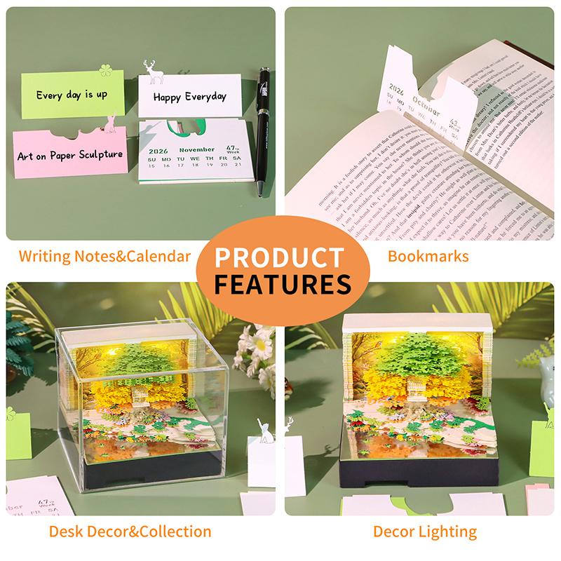 Music Time Piece Calendar 2026 Desk Calendar With Led Light 3D Tear-Away Calendar Paper Carving Art Memo Pad Notepad Christmas