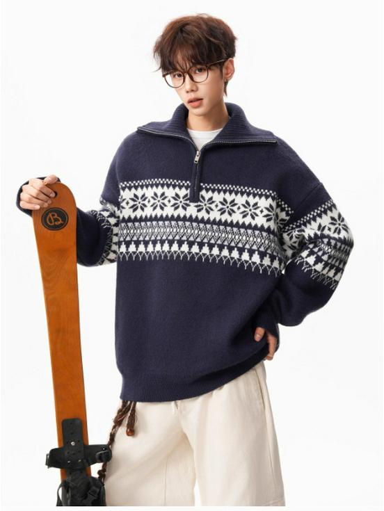 

Unisex Heavyweight High Neck Fair Isle Sweater - Trendy Autumn/Winter Knitwear Jacket Double Extra Large темно-синього кольору