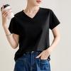 Solid Color Right Shoulder V-neck Cotton T-shirt for Women 2024 Spring and Summer New Style Loose and Slim Inner Pullover Short-sleeved Top