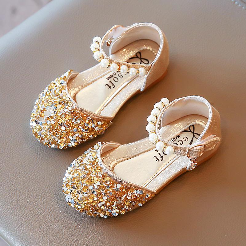 Mädchen Sprincess Schuhe Pailletten Perle Gold Rosa Sommer Kinder Sandalen Cover Toe 21-36 Kleinkind Mode Party Dance Kinder Flats