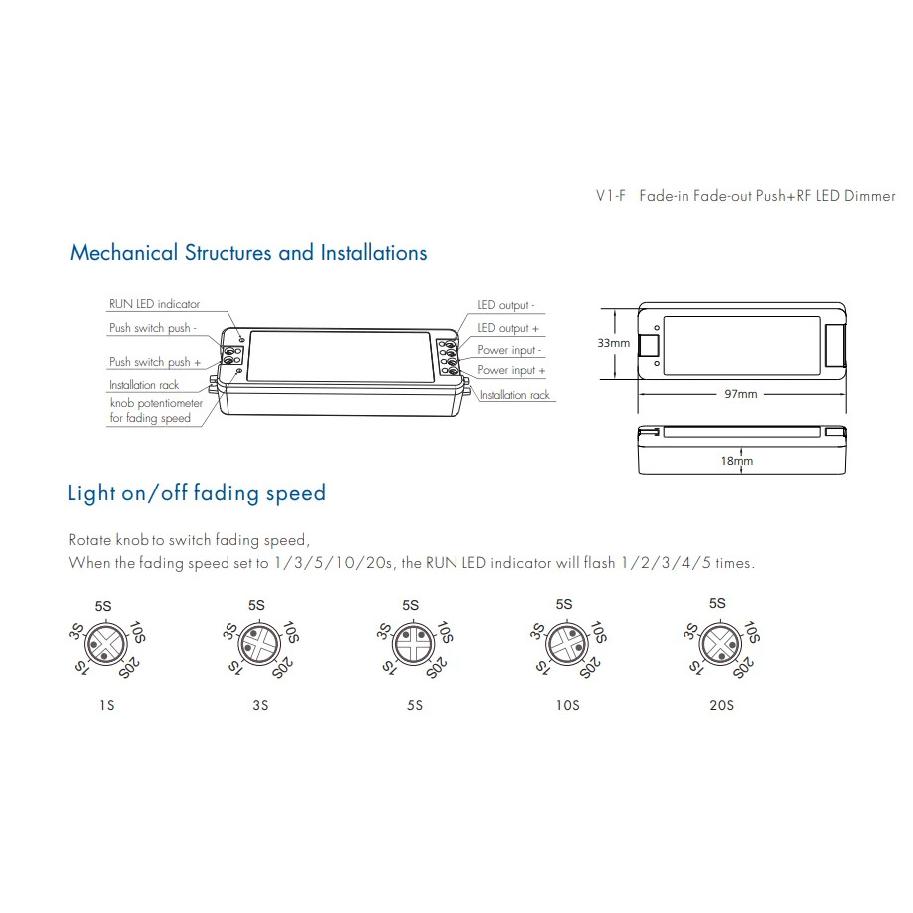 2.4G RF LED CV Dimmer V1-F Bas-Kapat 1 Kanallı*8A DC12-48V Yavaş Giriş Yavaş Çıkış 5 Tür Karartma Hızı Tek Renkli Şerit Işık İçin