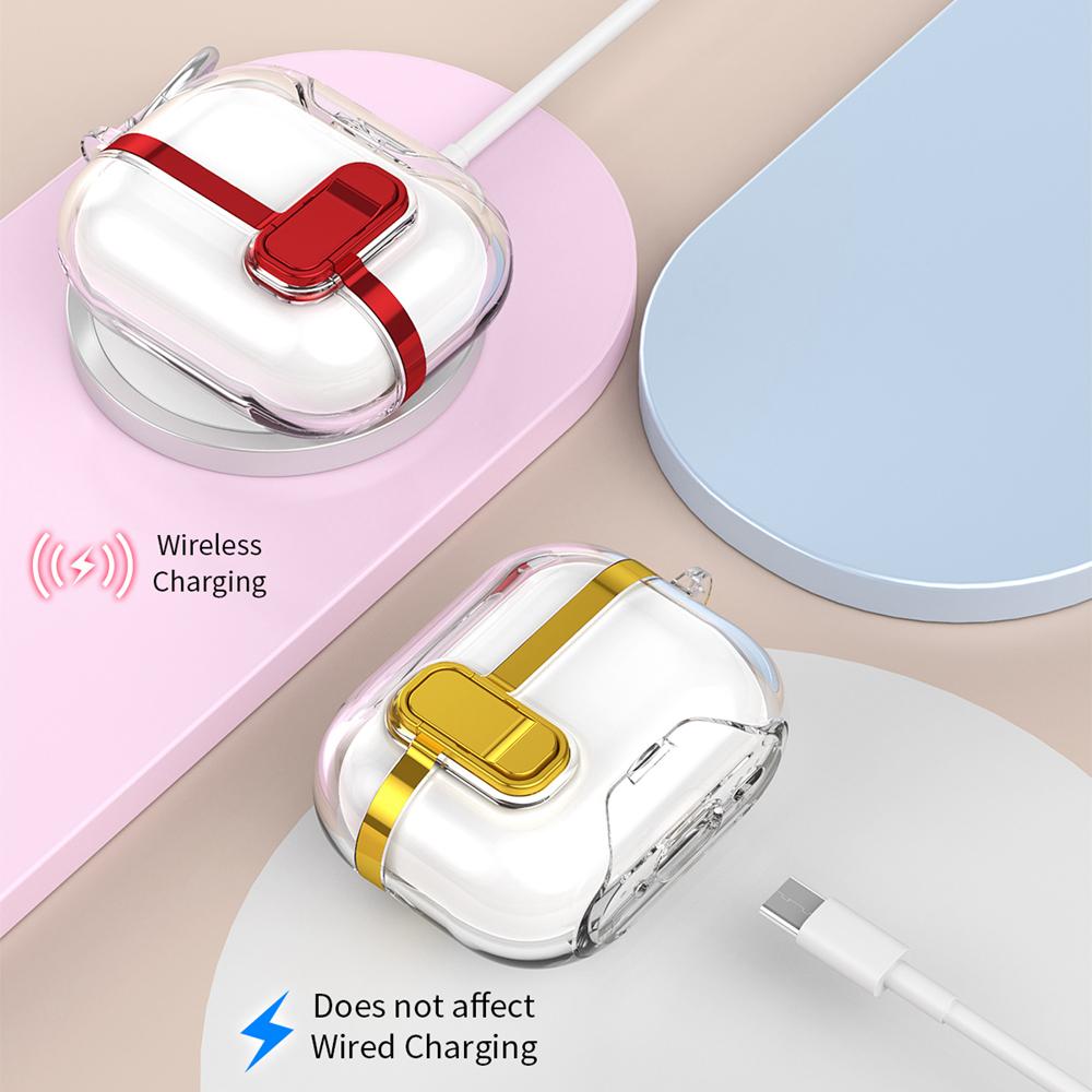 KEYSION Plating Transparent Earphone Case for AirPods Pro 3 TPU+PC Shockproof Phone Stand Hook Headphone Cover for AirPods Pro 3