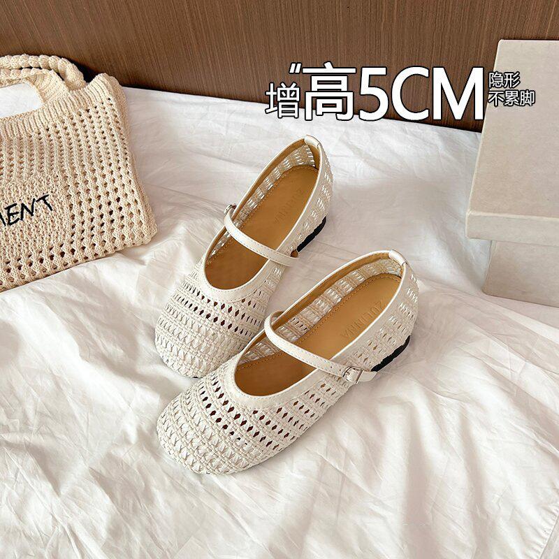 Inner Height Increase of 5cm~ 2025 Summer New Outer Wear Woven Hollow Retro Mary Jane Shoes Niche Single Shoes Women