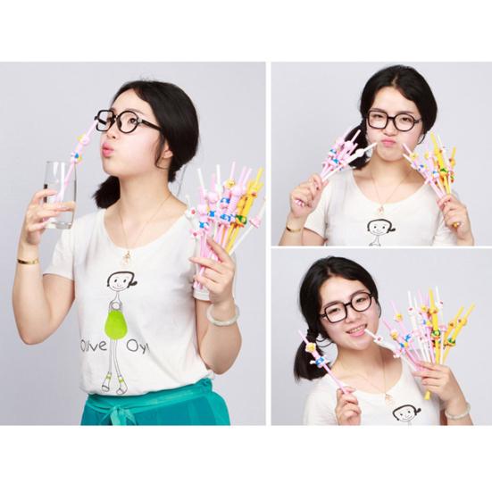 Plastic Cartoon Animal Cat Duck Reusable Drinking Straw Beverage Pipe with Brush