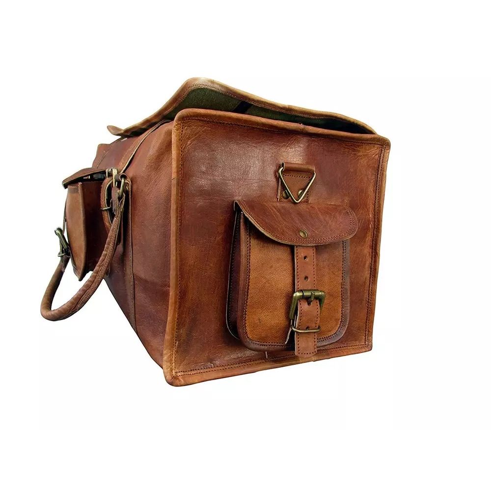 Large Mens Vintage Genuine Leather Flap Duffel Carry On Weekender Travel Bag