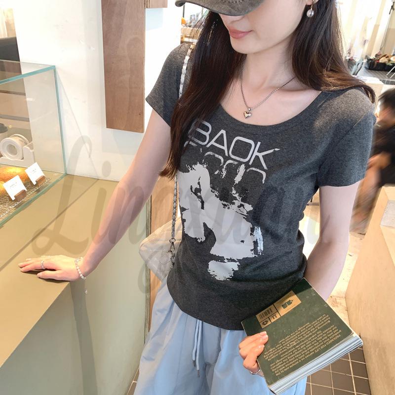 Summer 2026 Women s Grey U-Neck Printed Short-Sleeve T-Shirt XL