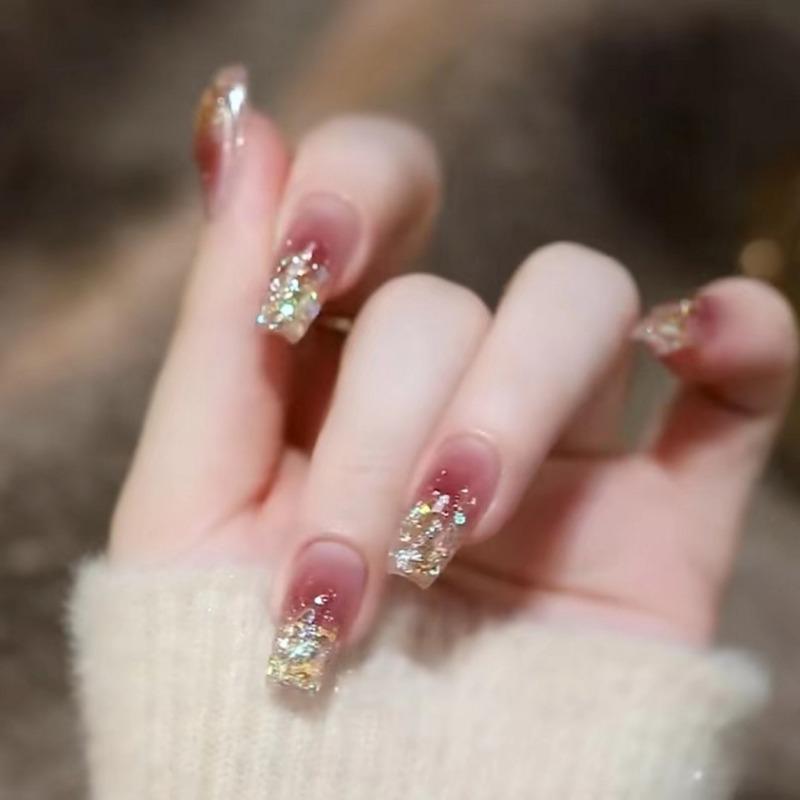 

New Fashion Flash Ice Wear Armor Ice Blush Phototherapy Champagne Drill Nail Pieces Removable Nail Patch White Nail Pieces Nail Pieces Nail Tools xs