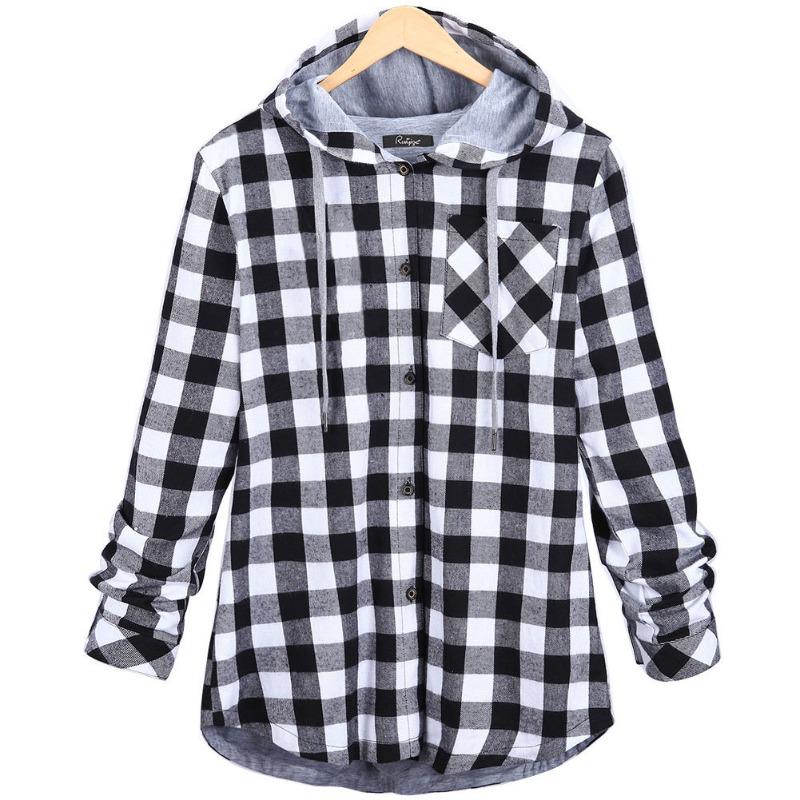 Autumn and Winter New Plus Size Women's Slim Fit Mid Length Plaid Hooded Cardigan Top Jacket