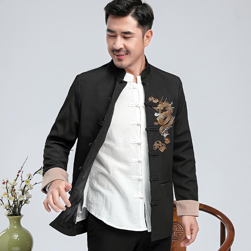 Frühlings- und Herbst Herren Tang Anzug Chinesischer Stil Bestickter Drache Herren Langarm Freizeitanzug Chinesischer Stil Tang Anzug