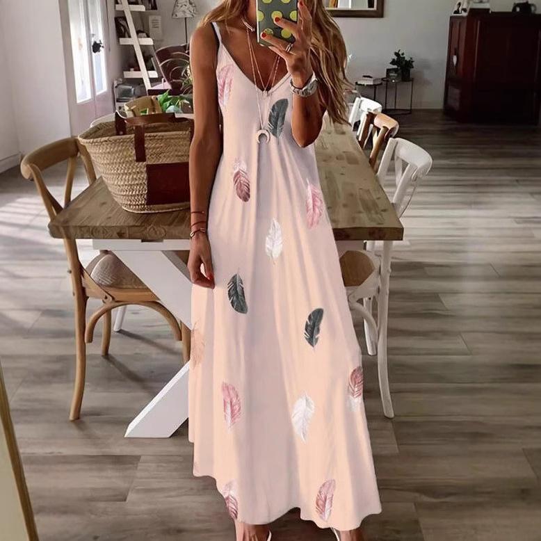 Damen V-Ausschnitt Ärmellos Spaghettiträger Maxikleid Lockerer Schnitt Federdruck Fließendes Langes Kleid Sommer Strandurlaub Freizeitkleid