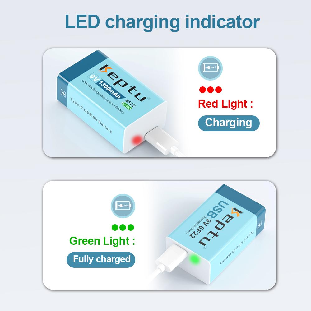KEPTU 1300mAh 9V Li-ion Rechargeable Battery with Micro USB, 6F22 Lithium Battery for Wireless Microphone, RC Toys, and Gadgets