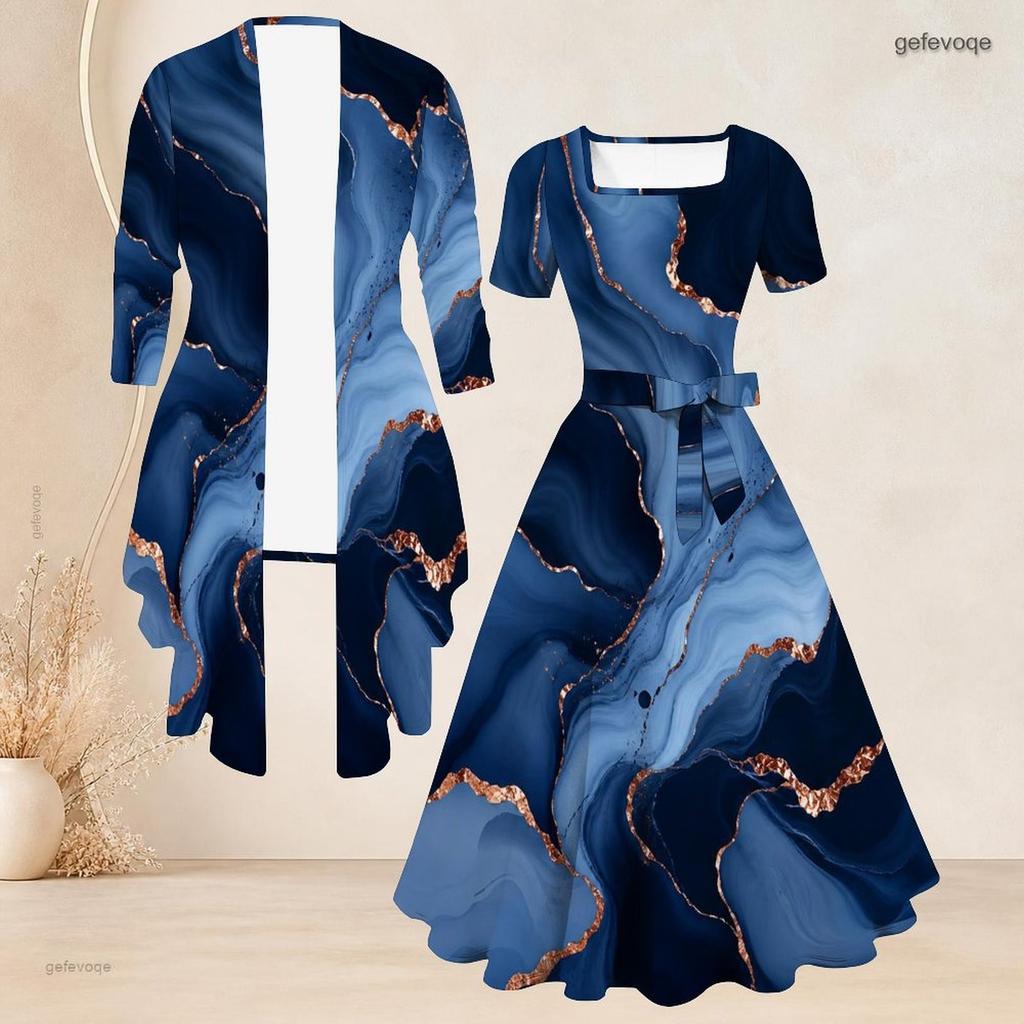 Women Plus Size Two Piece Set Square Neck Short Sleeve Tie Waist Flared Dress And Mid Sleeve Printed Cardigan Blue Gold